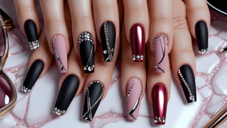 Close-up of coffin-shaped nails in bold colors with rhinestones and artistic designs, styled for a trendy and fashionable nail look.