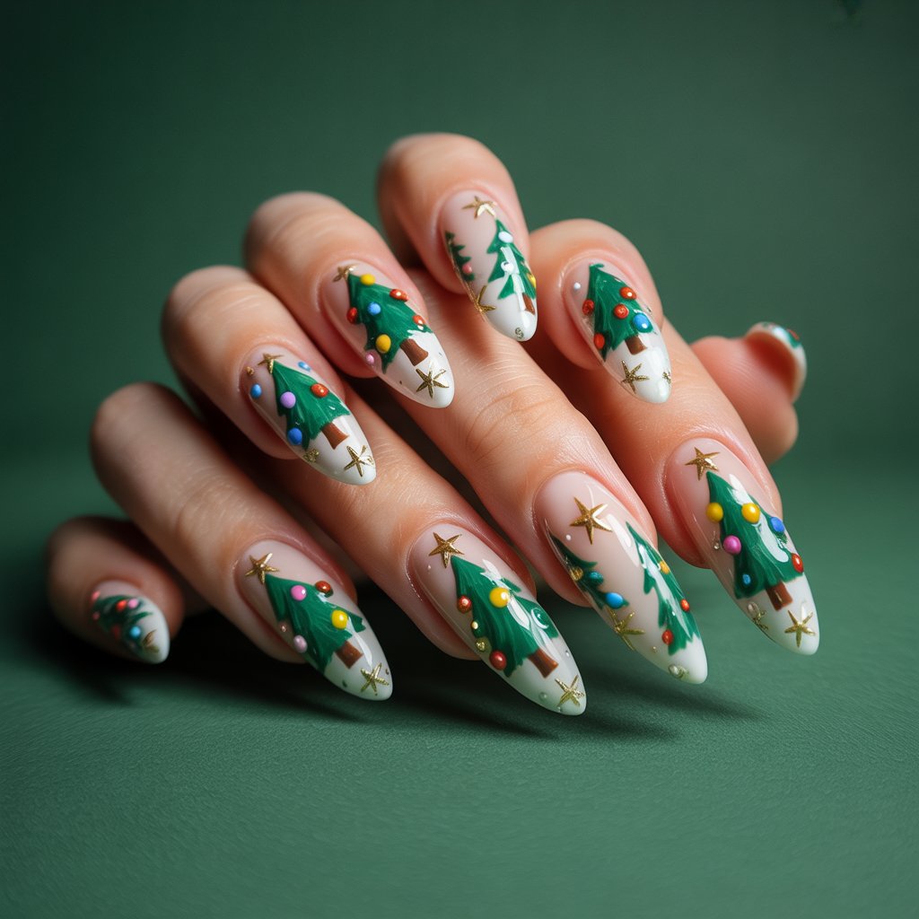 Christmas Nails 2025: c for Stunning Nail Designs 9 Christmas tree nail designs with green trees and gold stars for 2025