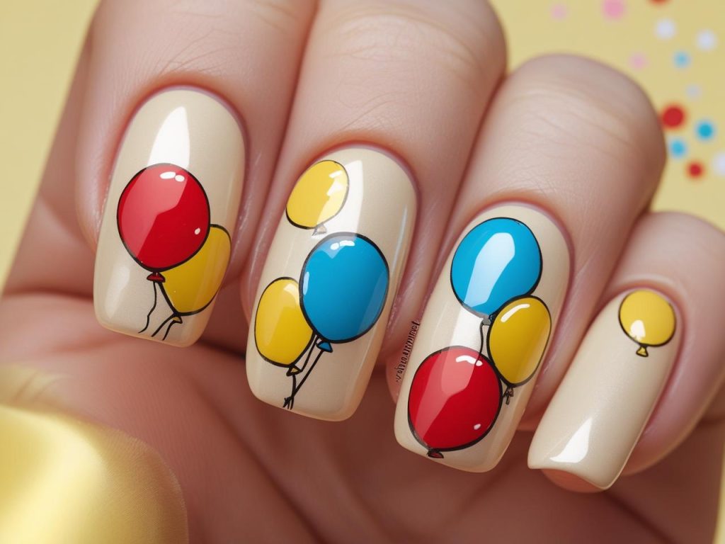 Birthday Nails 2025: Festive Trends for Stunning Nail Designs 7 Balloon motif birthday nail designs with bright colors for 2025