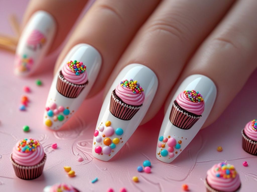 Birthday Nails 2025: Festive Trends for Stunning Nail Designs 13 Cupcake motif birthday nail designs with pink and sprinkles for 2025