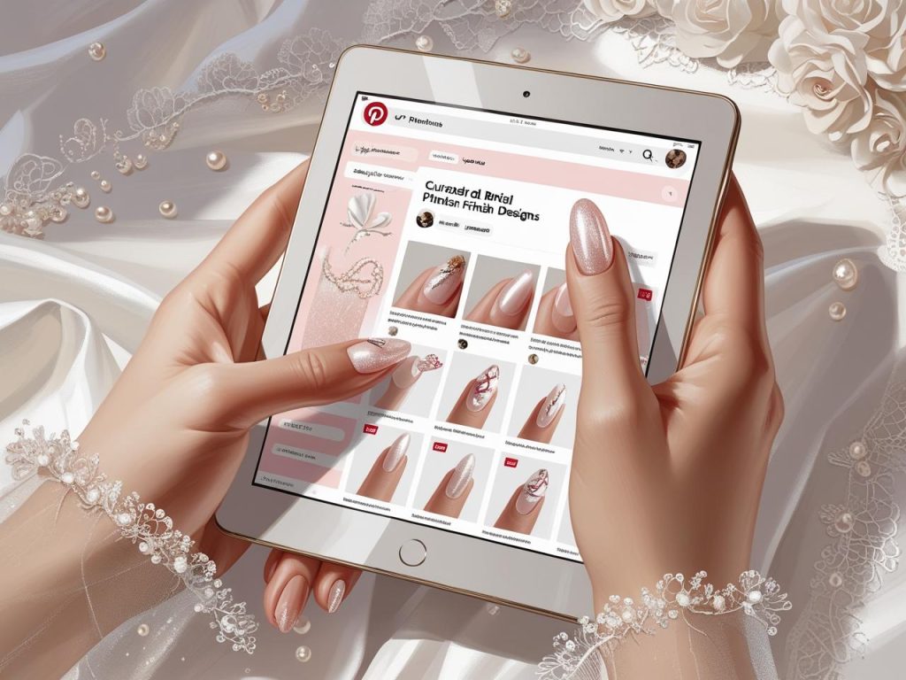 Bridal Nails 2025: Elegant Trends for Stunning Wedding Nail Designs 3 Pearl finish bridal nails on a Pinterest board, showcasing 2025 bridal nail trends