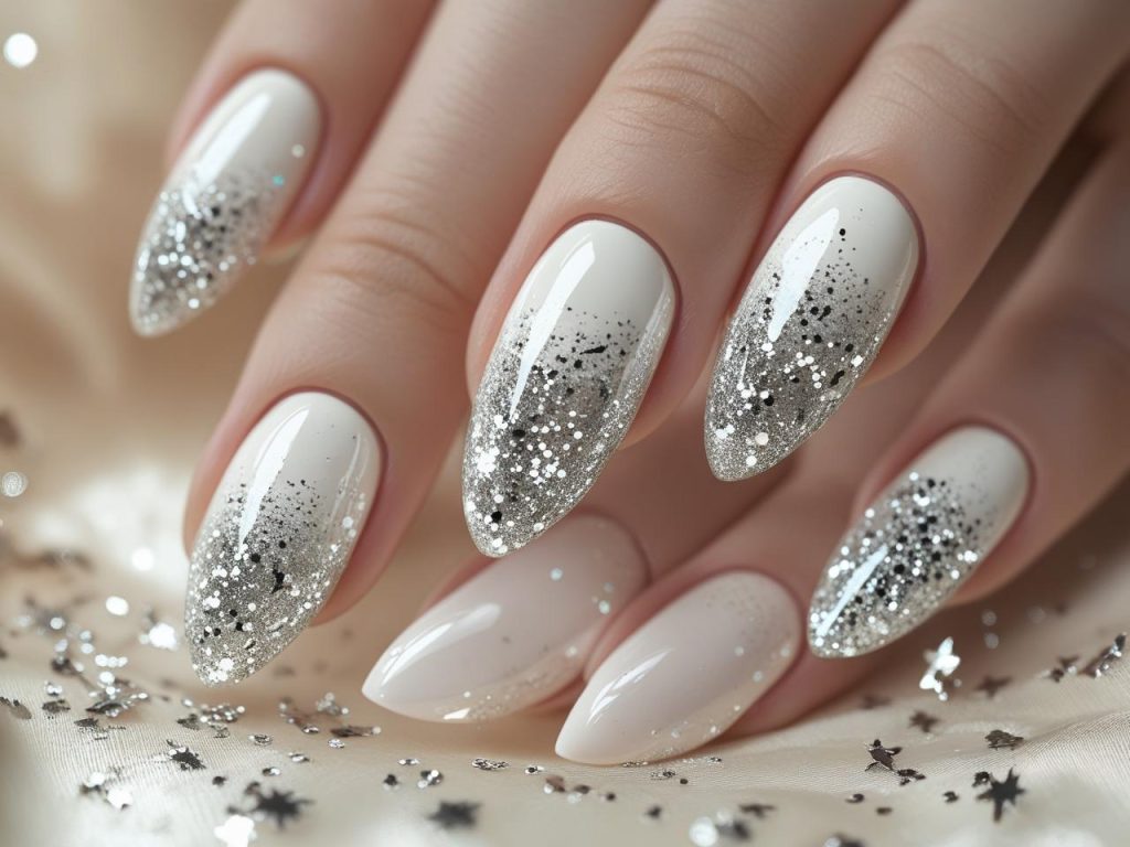 Bridal Nails 2025: Elegant Trends for Stunning Wedding Nail Designs 12 Glitter ombre bridal nail designs with white-to-silver gradient for 2025