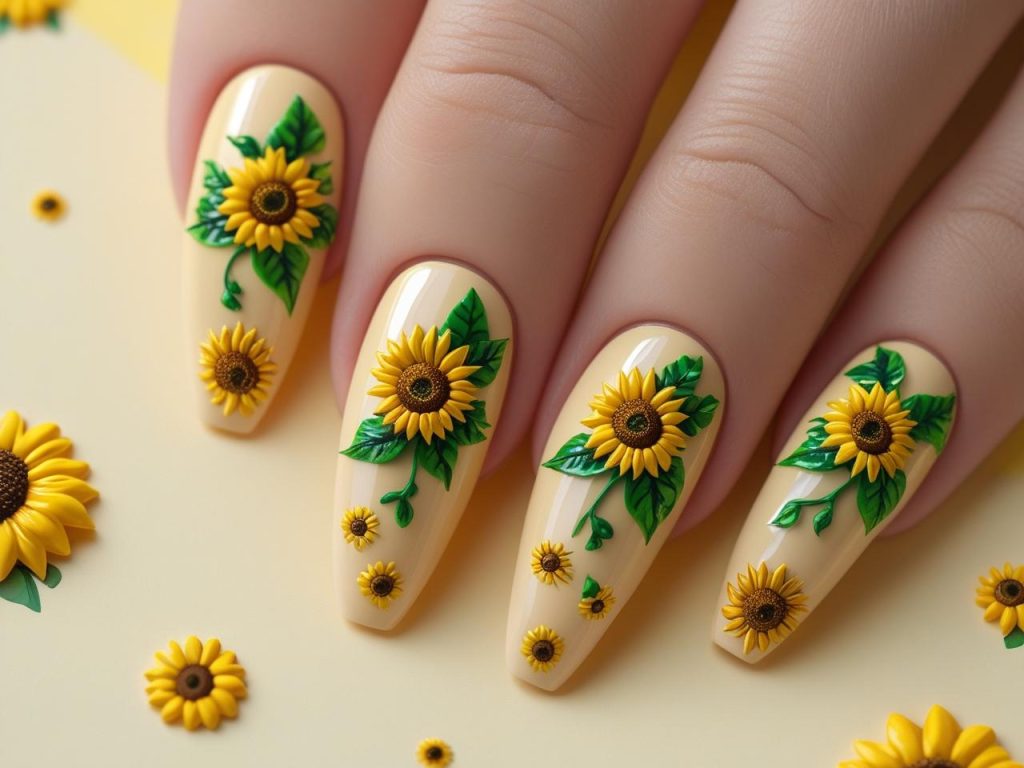 Floral Nail Art 2025: Vibrant Trends for Stunning Manicures 6 Sunflower accent floral nail art designs with yellow flowers for 2025