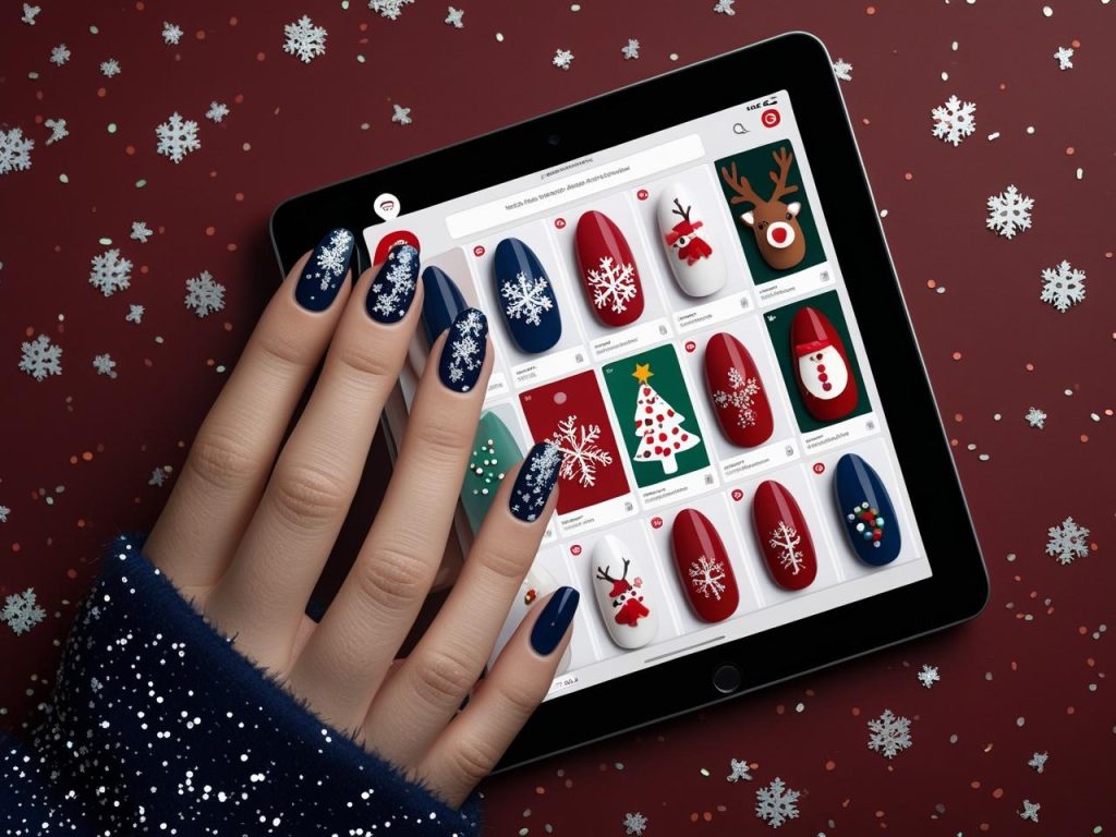 Holiday Nails 2025: Top Trends for Festive Nail Designs 3 Snowflake glitter holiday nails on a Pinterest board, showcasing 2025 holiday nail trends