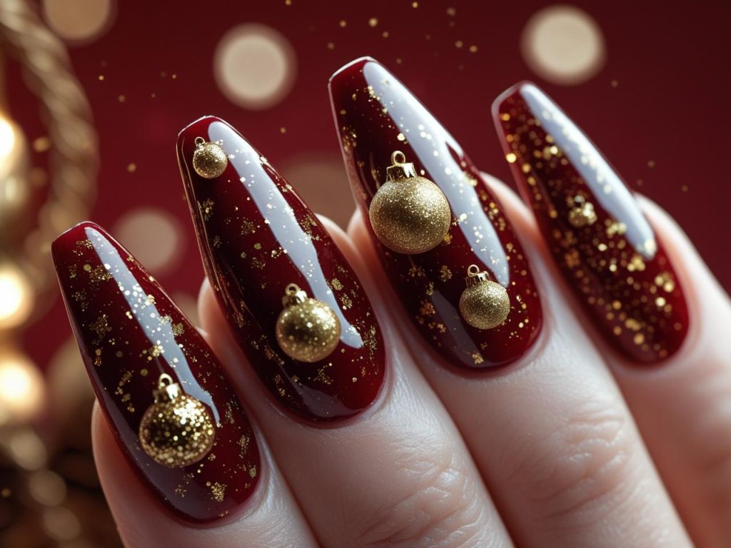 Holiday Nails 2025: Top Trends for Festive Nail Designs 12 Glitter ornament holiday nail designs with gold sparkle for 2025