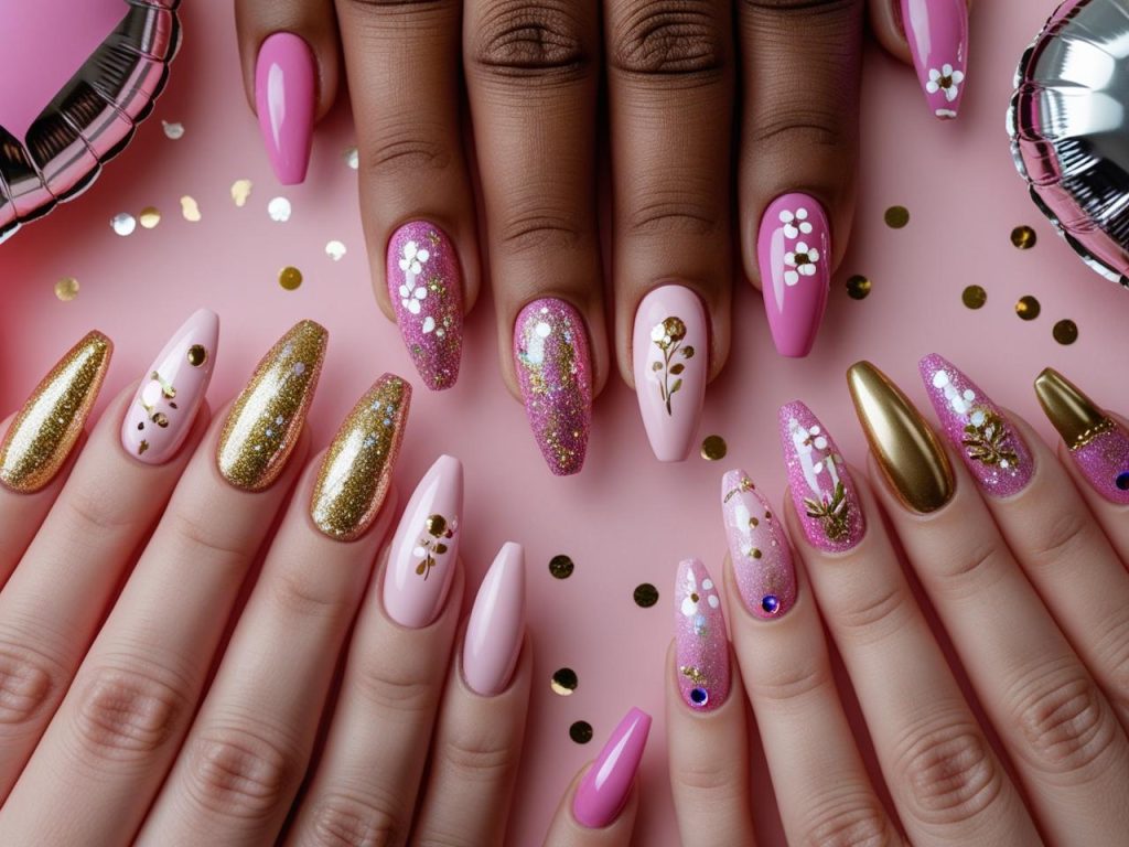 Birthday Nails 2025: Festive Trends for Stunning Nail Designs 2 2025 birthday nail designs with confetti glitter, balloon motifs, floral accents, and sparkle gems for Pinterest inspiration