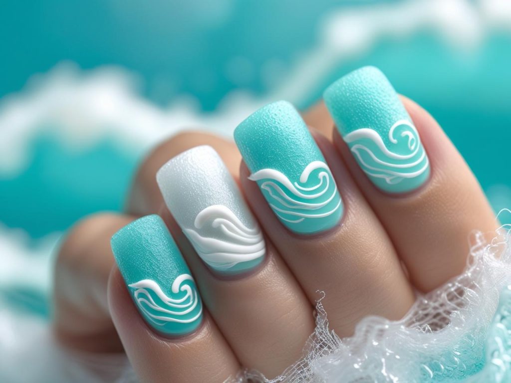 Wave foam beach nail designs with white and blue patterns for 2025