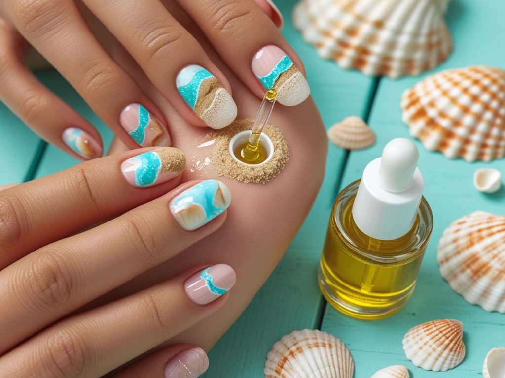 Applying cuticle oil for vibrant beach nails in 2025