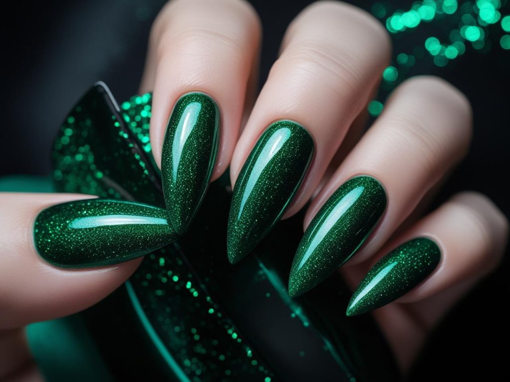 Stiletto Nails 2025: Daring Trends for Stunning Manicures 4 Jewel tone stiletto nail designs with emerald green polish for 2025