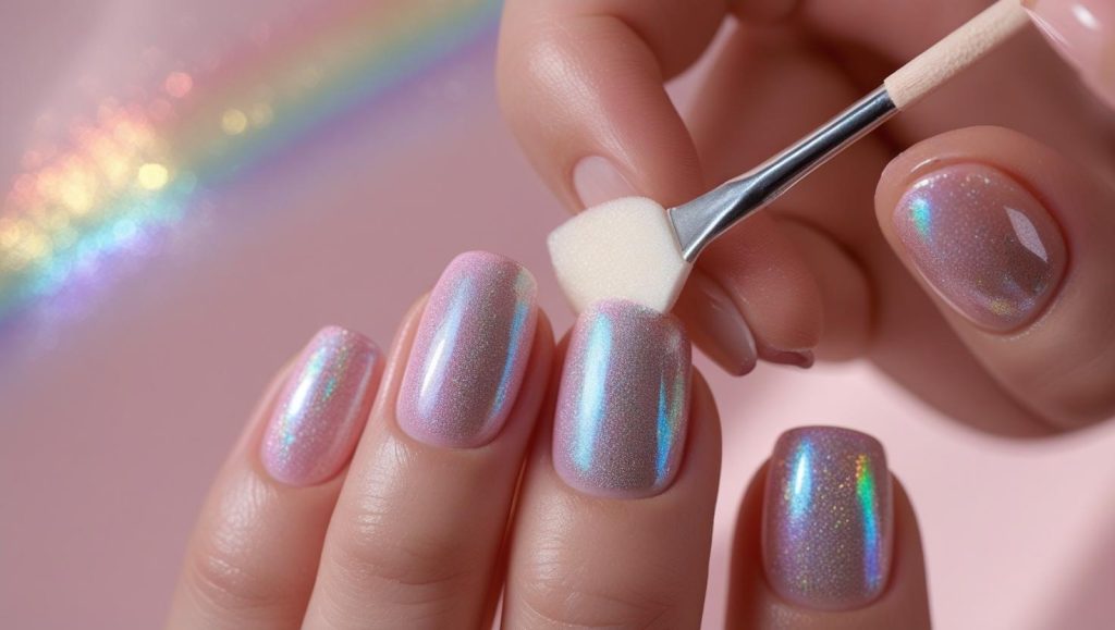 Holographic Nails 2025: Prismatic Trends for Stunning Manicures 6 Creating a close-up of a hand applying holographic accent nails with a sponge applicator, adding iridescent holographic powder to two nails on a light pink base. Use a soft pink background with rainbow accents for a Pinterest look.