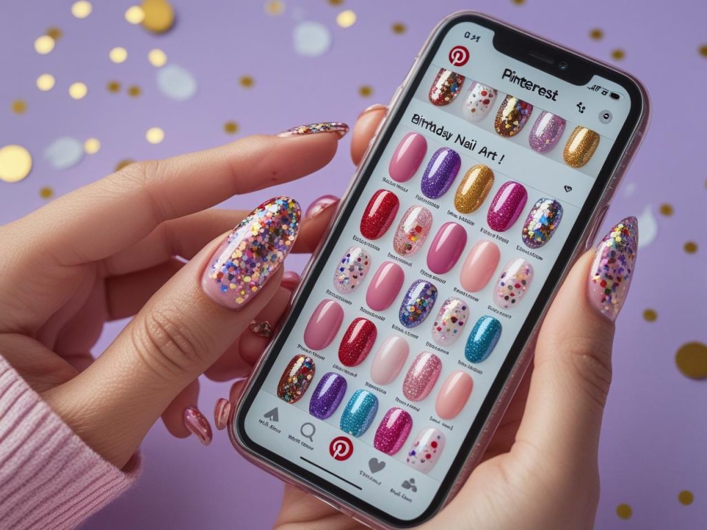 Birthday Nails 2025: Festive Trends for Stunning Nail Designs 3 Confetti glitter birthday nails on a Pinterest board, showcasing 2025 birthday nail trends