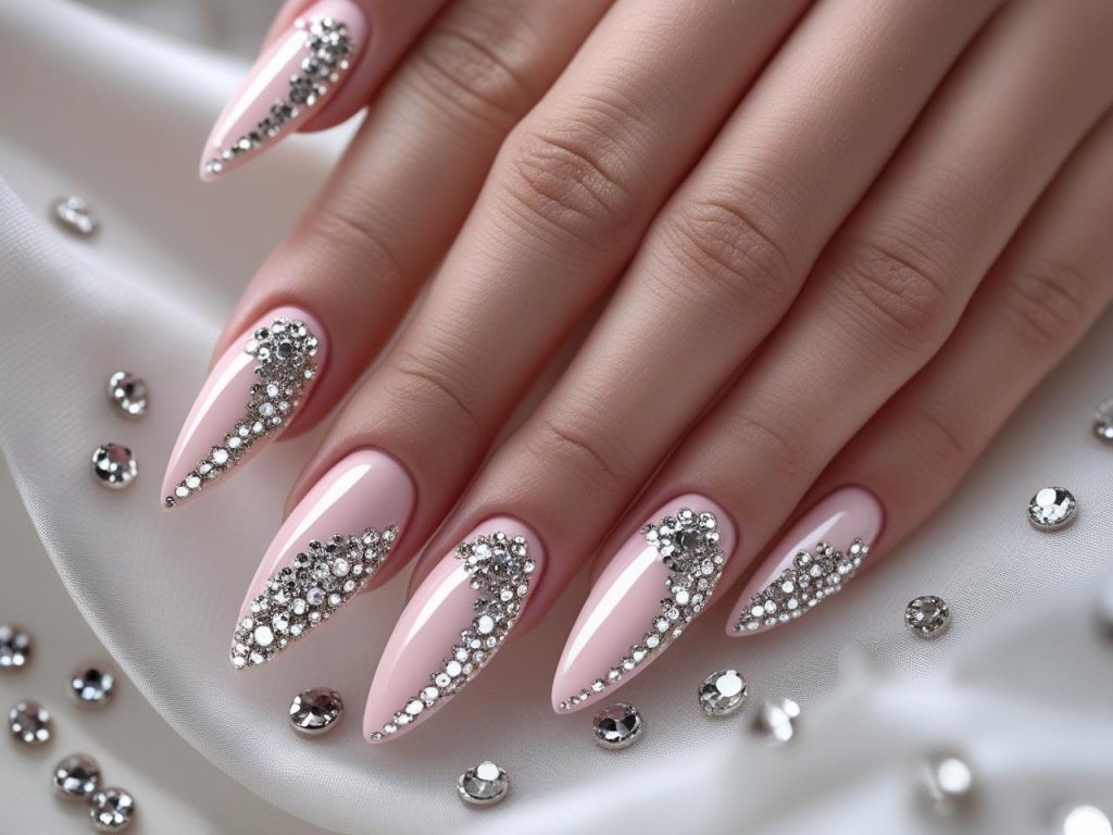 Bridal Nails 2025: Elegant Trends for Stunning Wedding Nail Designs 10 Sparkle gem bridal nail designs with silver accents for 2025