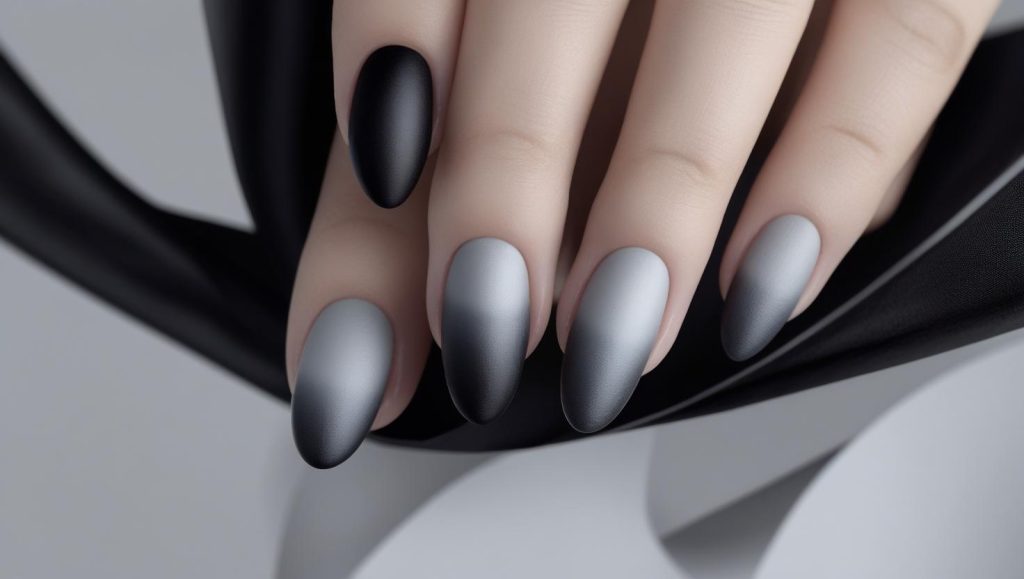 Matte ombre nail designs with black-to-grey gradient for 2025