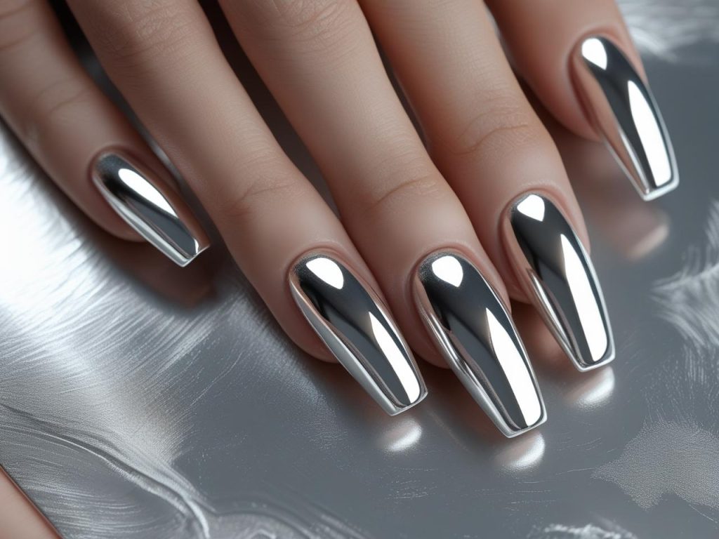 Coffin Nails 2025: Bold Trends for Stunning Manicures 6 Chrome finish coffin nail designs with silver shine for 2025