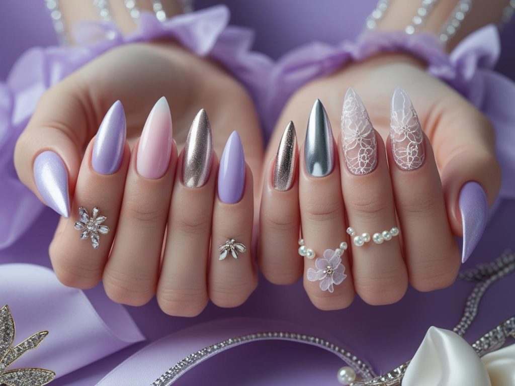 Ballerina Nails 2025: Elegant Trends for Stunning Manicures 2 2025 ballerina nail designs with pastel ombre, metallic accents, floral lace, and pearl embellishments for Pinterest inspiration