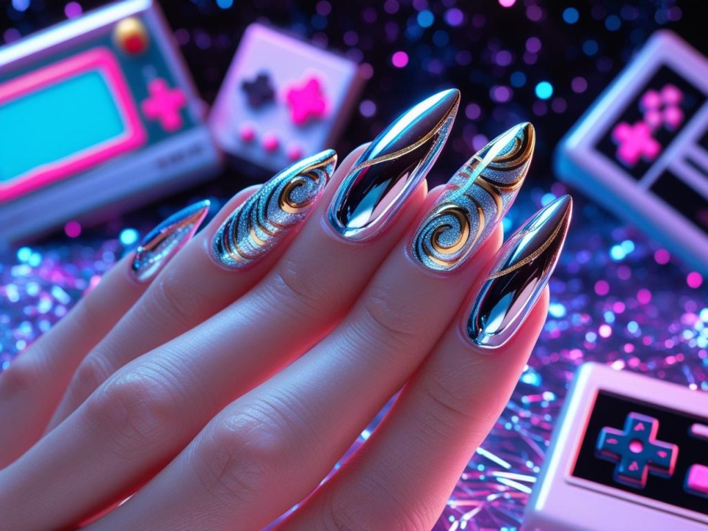 Retro-futuristic chrome TikTok nail ideas with shiny metallic swirls.