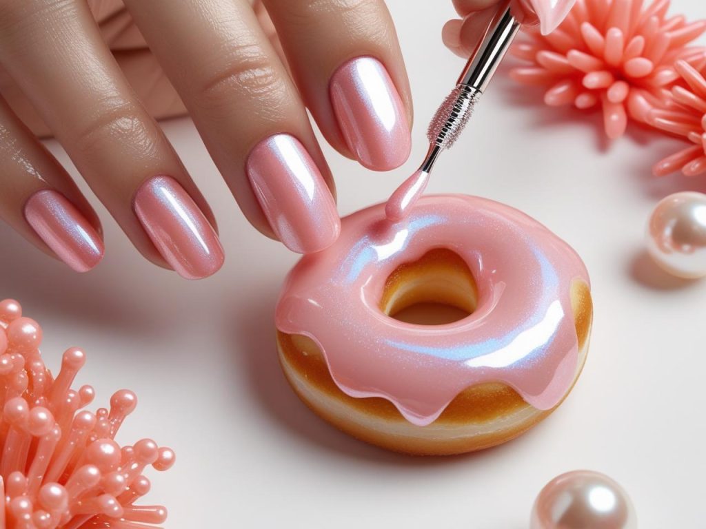 Creating glossy glazed donut Hailey Bieber nails with pearlescent pink polish