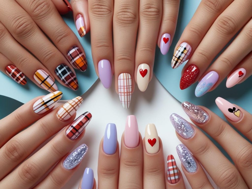 2025 back to school nail trends with plaid, pastel ombré, mini heart, and glitter accent designs for Pinterest inspiration.