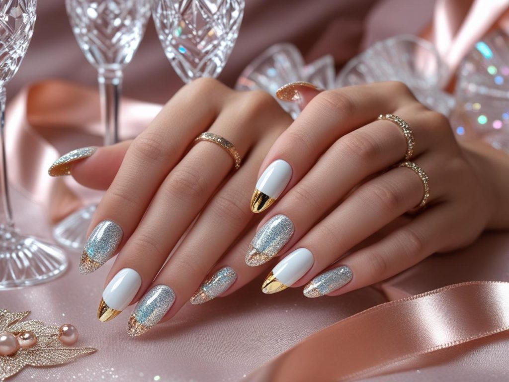 Glitter French tip nail designs with silver, holographic, gold, and rose gold shimmer tips for Pinterest inspiration