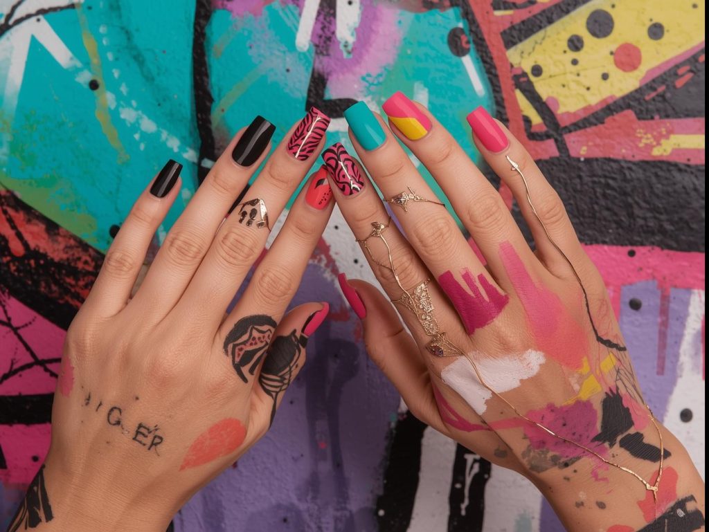 Abstract Nail Art: Bold and Pinterest-Worthy Manicures to Inspire 2 Abstract nail art designs with geometric shapes, watercolor swirls, metallic lines, and color-blocked patterns for Pinterest inspiration.
