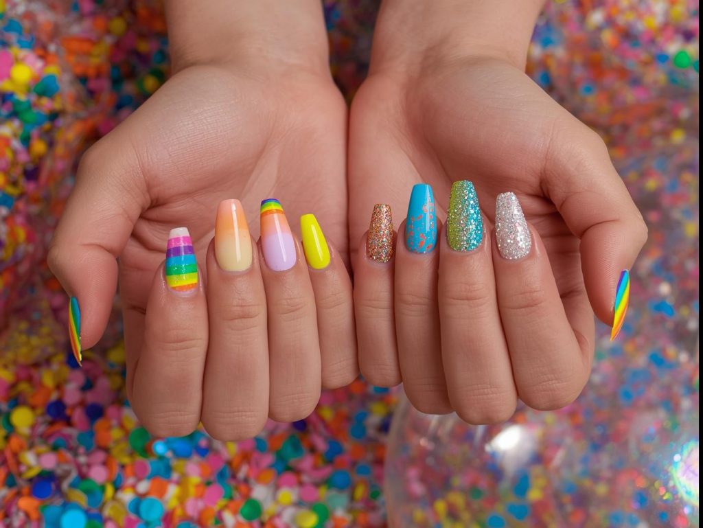 Rainbow nail designs with full-spectrum stripes, pastel gradients, neon tips, and holographic accents for Pinterest inspiration.