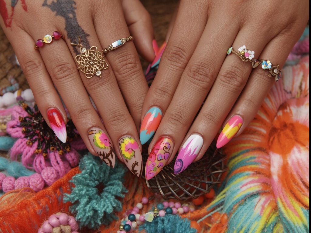  Tie dye nail designs with neon pink-blue spirals, rainbow blends, pastel swirls, and orange-turquoise patterns for Pinterest inspiration.