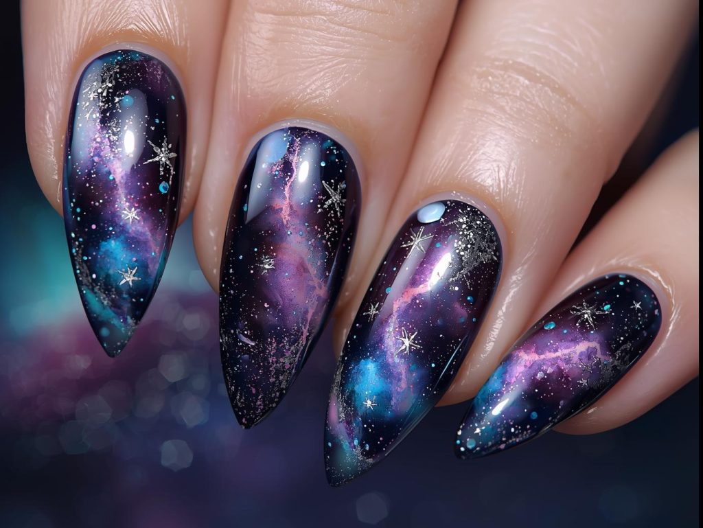 Galaxy nail designs with silver star clusters, purple-pink nebula swirls, blue-green aurora effects, and holographic stardust for Pinterest inspiration.