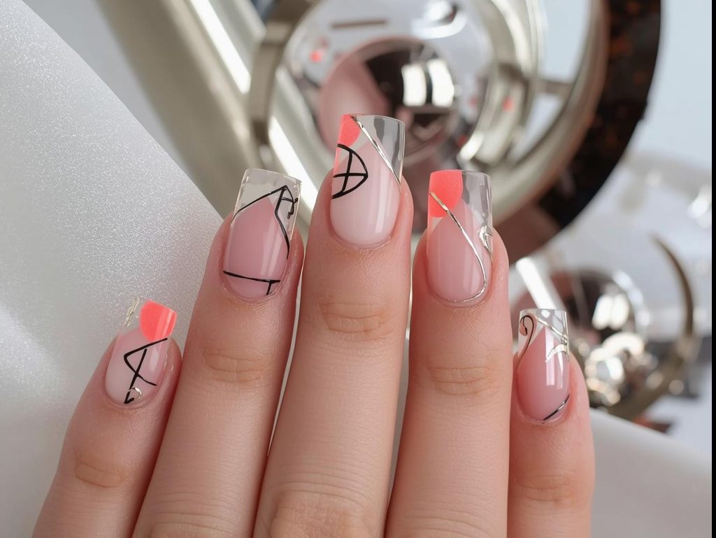  Negative space nail designs with black geometric lines, pink half-moons, neon coral stripes, and silver crescent details for Pinterest inspiration.