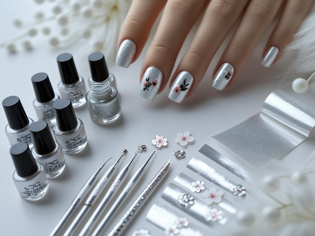 “Nail art kit with silver polish and tools for 2025 silver nail designs.”