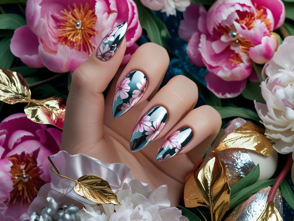 Bold floral chrome blend Hailey Bieber nails with metallic floral patterns