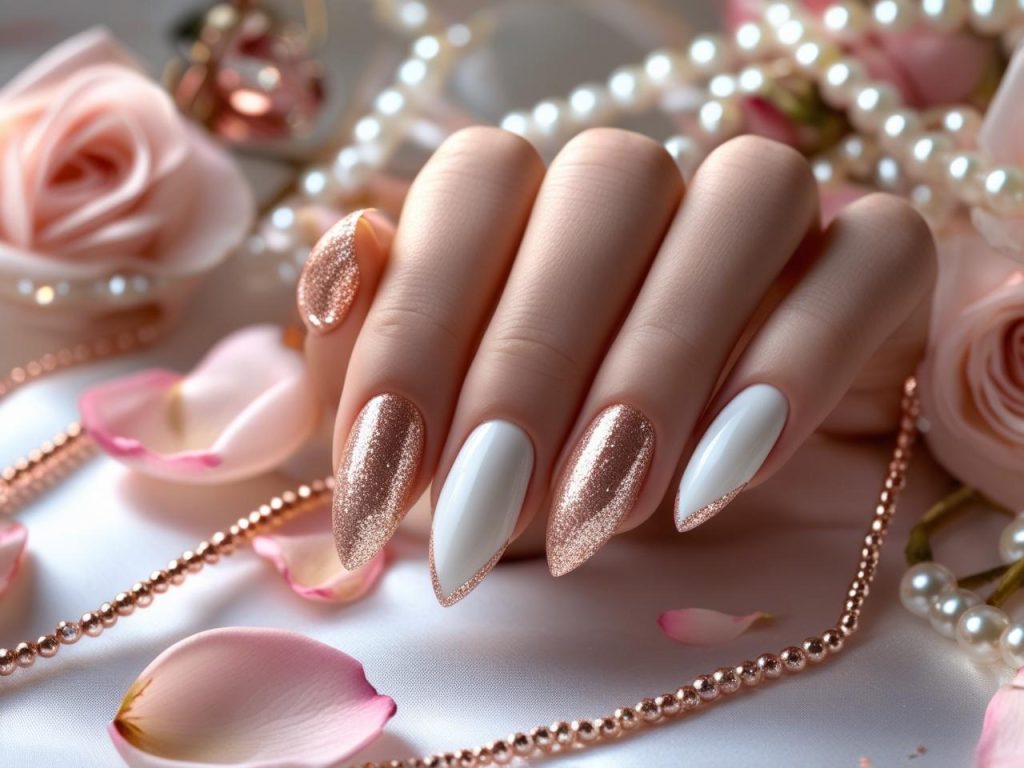 Delicate rose gold shimmer French tip nails with rose gold glitter tips