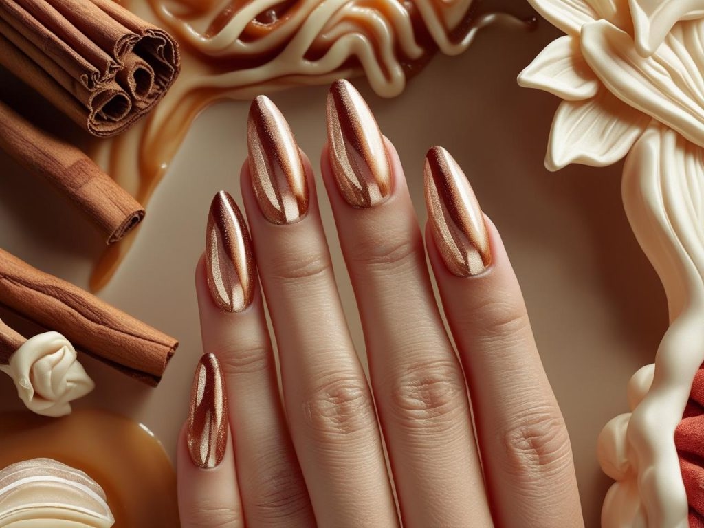 Soft cinnamon chrome accent glazed donut nails with metallic cinnamon hues.