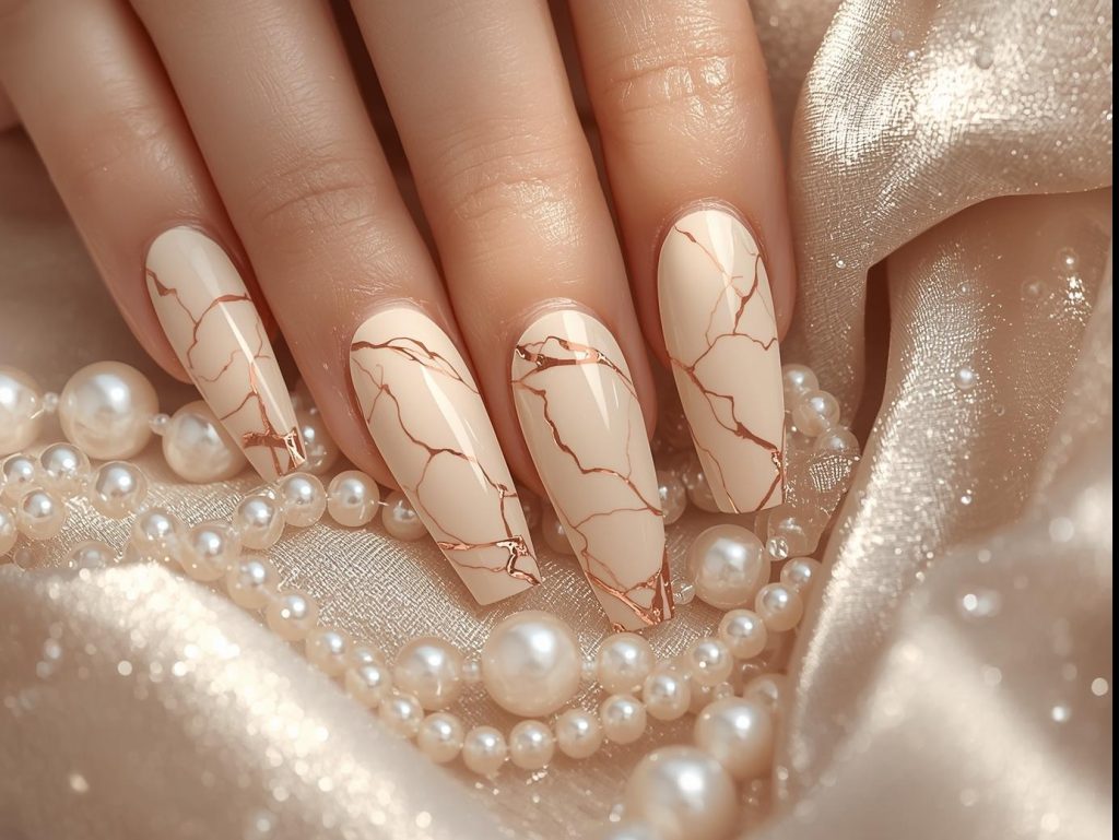  Creamy beige marble nails with rose gold veining accents.