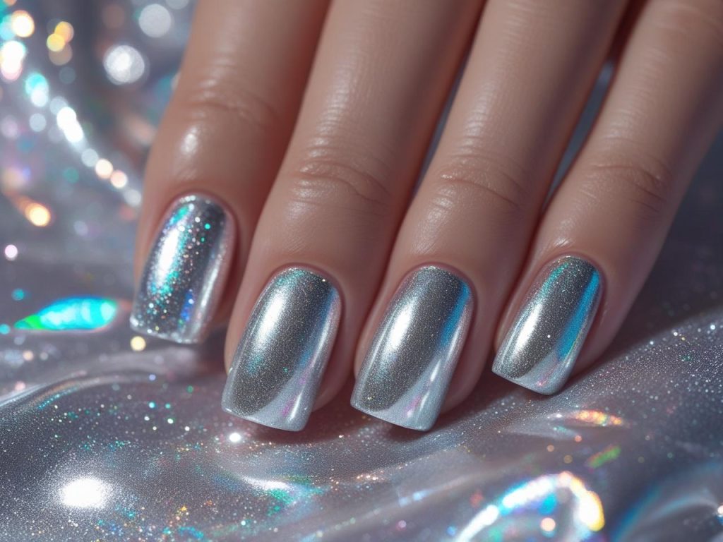 Winter Nail Inspo: Cozy and Glamorous Trends for Stunning Manicures 7 “Metallic shimmer winter nail inspo designs with holographic accents.”