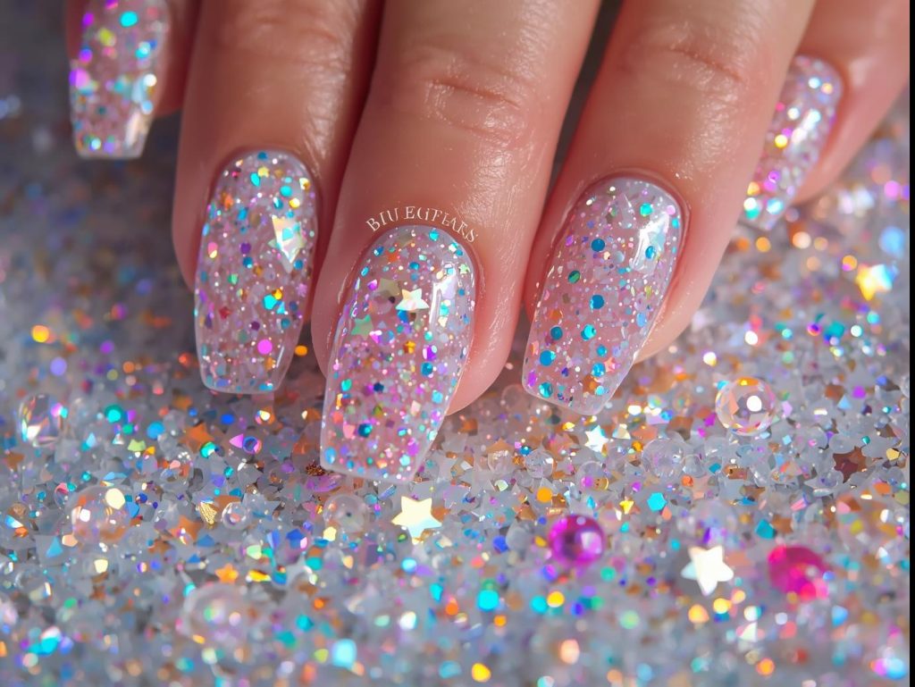 Sparkling holographic rainbow accent nails with iridescent shimmer