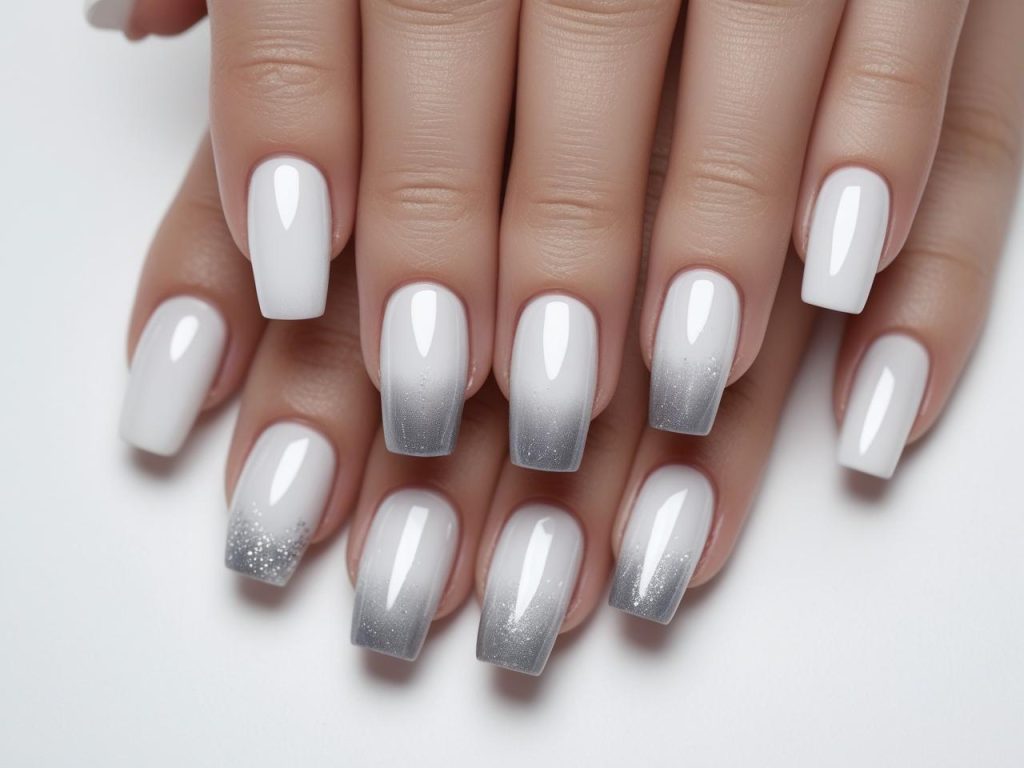 “Ombre fade simple nail designs with white-to-light gray gradient and shimmer.”