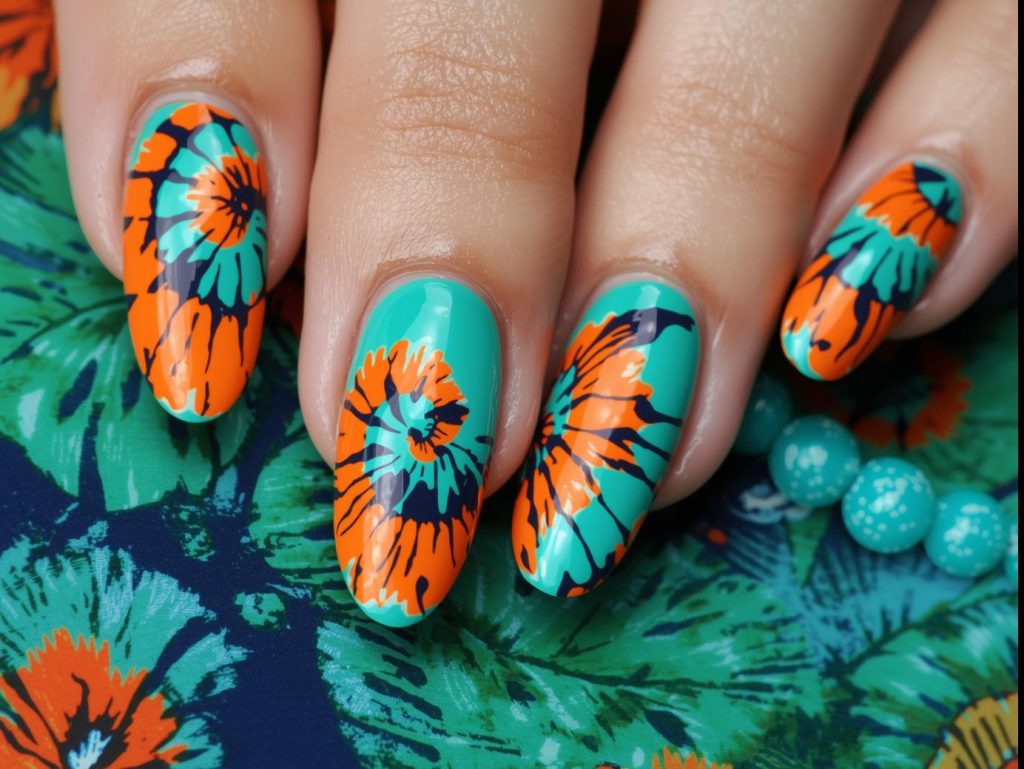 Bold orange and turquoise tie dye nails with vibrant patterns.