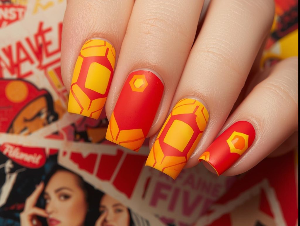  Bold red and yellow hexagon geometric nails with hexagonal patterns.