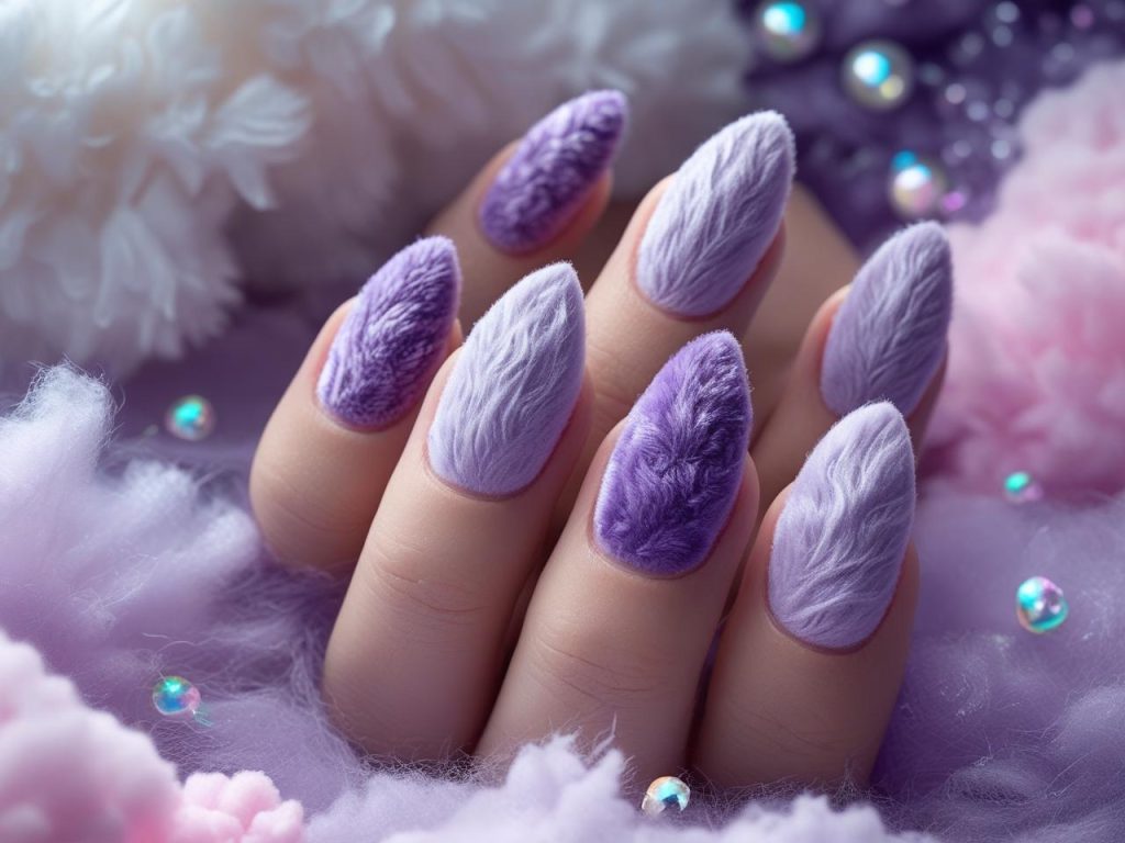  Misty velvet ombre TikTok nail ideas with fuzzy purple gradient.