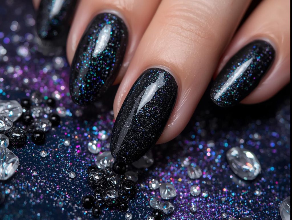 Glossy black with iridescent holographic sparkle galaxy nails with shimmering accents.