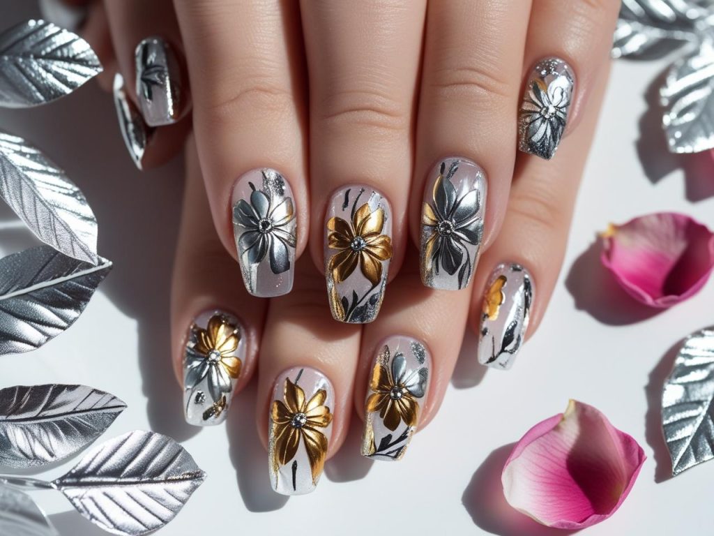 Creating bold floral chrome blend Hailey Bieber nails with metallic floral patterns.