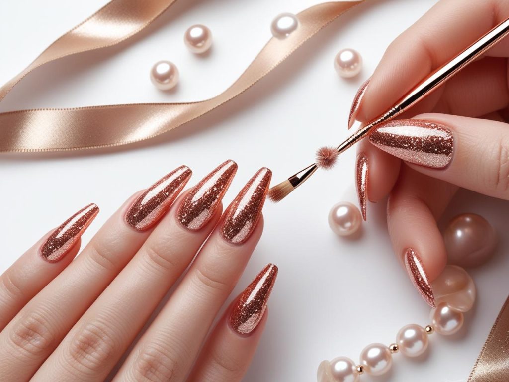 Creating delicate rose gold shimmer French tip nails with glitter polish.