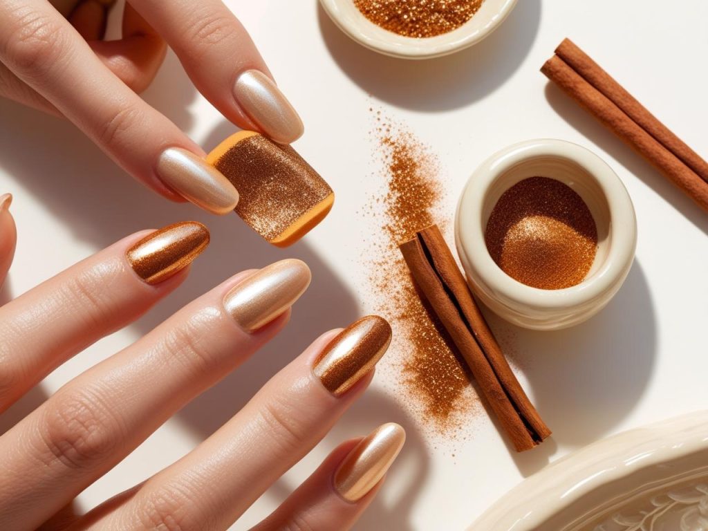 Creating soft cinnamon chrome accent glazed donut nails with metallic powder