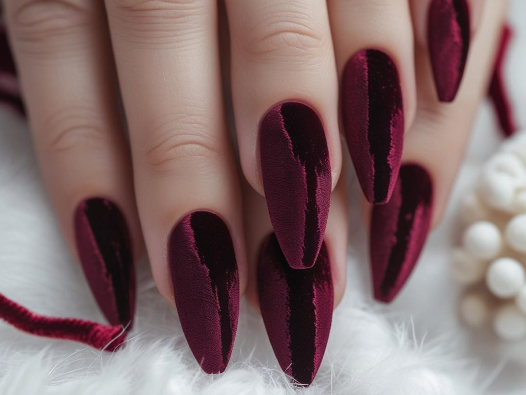 Winter Nail Inspo: Cozy and Glamorous Trends for Stunning Manicures 9 “Deep velvet winter nail inspo designs with burgundy matte accents.”