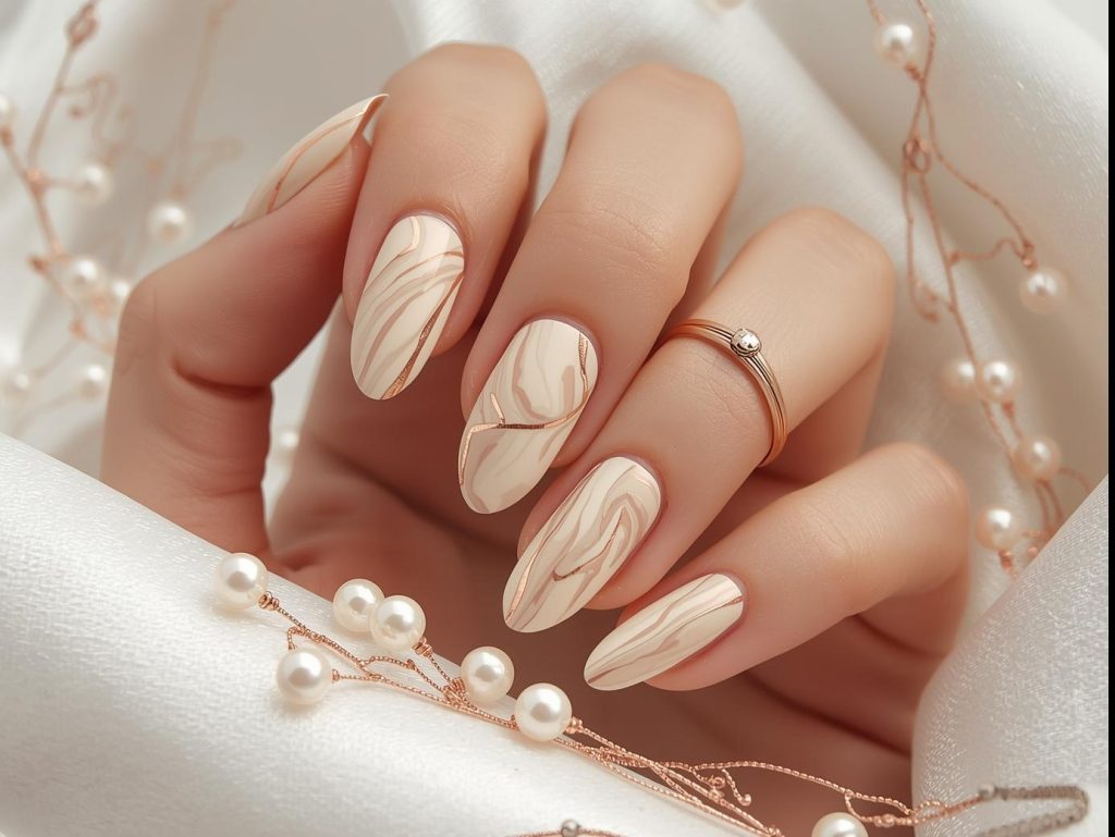  Creating creamy beige marble nails with rose gold veining polish.