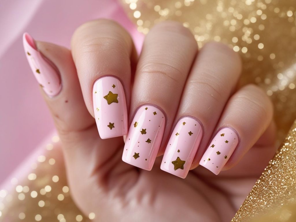  “Star accent simple nail designs with gold stars on soft pink.”