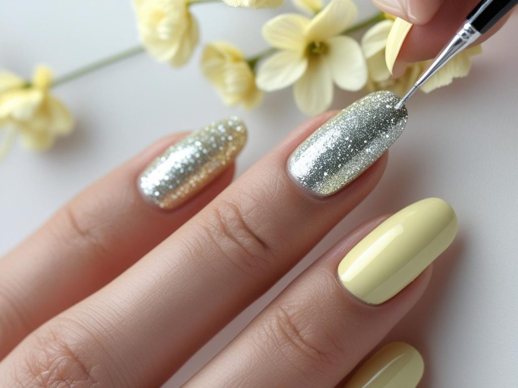 Creating glitter accent back to school nail trends 2025 with silver glitter polish