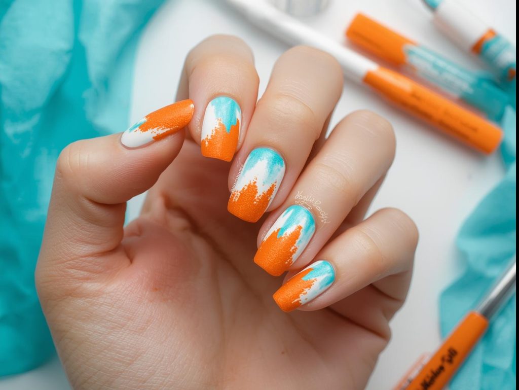 Creating bold orange and turquoise tie dye nails with blended polish.