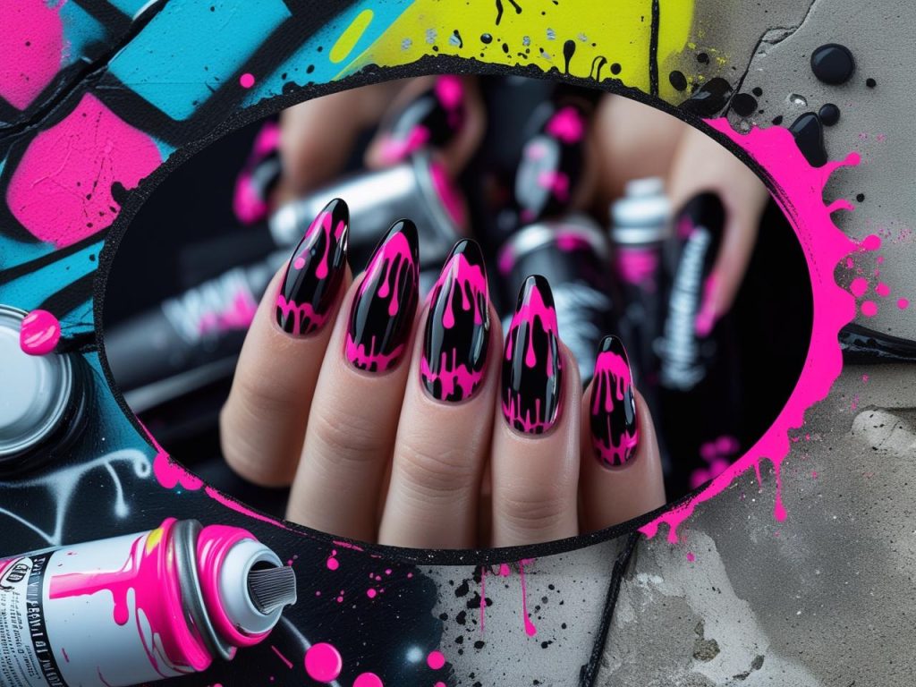  Wild neon drip splash TikTok nail ideas with black and neon pink patterns.