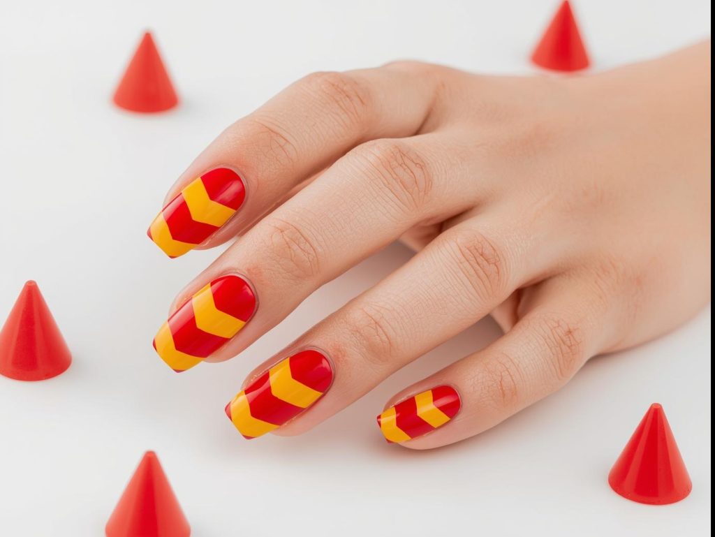  Creating bold red and yellow hexagon geometric nails with taped polish.